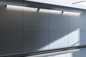 Modern hallway with rectangular lights on a tiled wall. 3D Rendering
