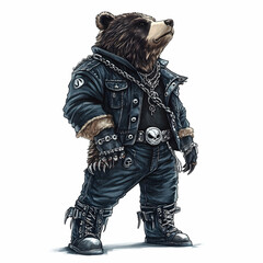 Fototapeta premium A tough-looking brown bear wearing a denim jacket, jeans, and boots, with multiple silver chains and bracelets.
