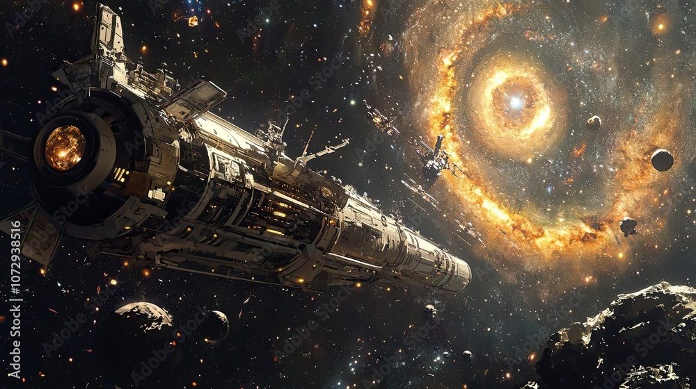 Wall mural spaceship navigating through a starry galaxy with a glowing ring