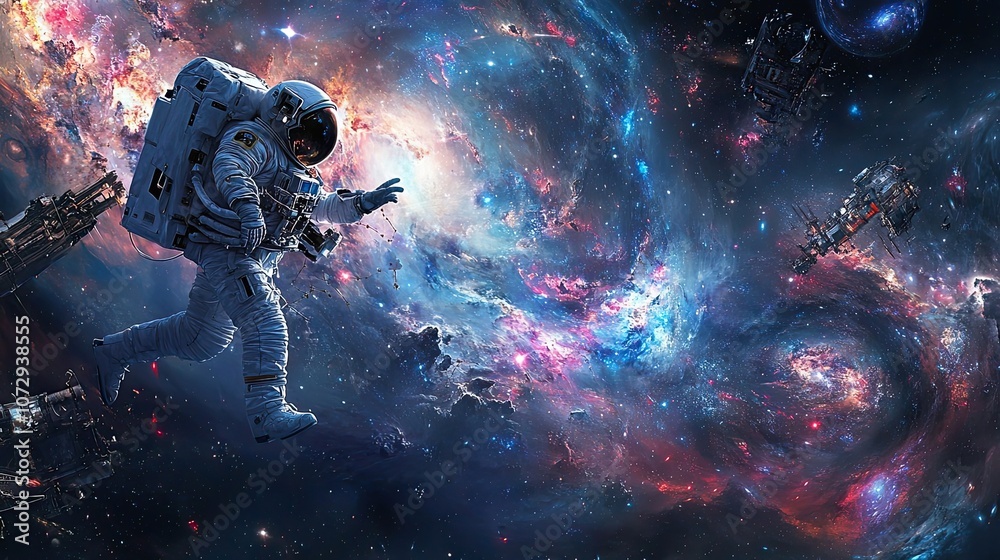 Poster astronaut floating in space with nebula and stars
