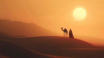 Silhouette of a camel and a person in a desert at sunset.