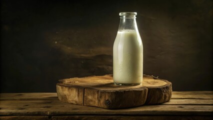 A Glass Bottle of Milk Resting on a Rustic Wooden Slab, Illuminating a Dark Wooden Background