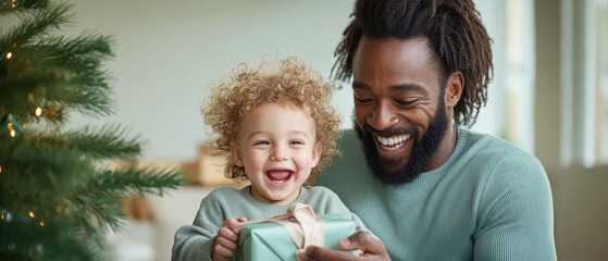 A joyful father and child share a special moment while unwrapping a gift near a decorated Christmas tree.