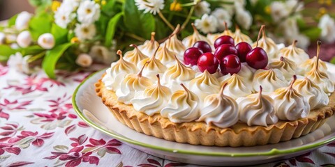Naklejka premium A Delectable Meringue Tart Adorned with Fresh Cherries, A Festive Treat Ready to Be Sliced and Shared