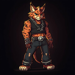 A tough-looking, muscular lynx in a black crop top, jeans, and chains stands against a dark background.