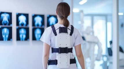 A person in a medical setting, wearing a biomechanical exoskeleton, stands before medical images, illustrating advancements in rehabilitation technology.
