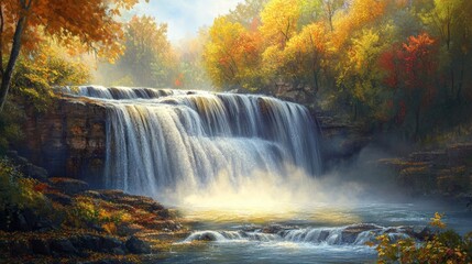 A waterfall cascading in a forest with autumn leaves, cool mist and warm light