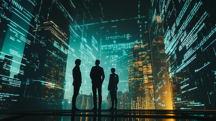 Fototapeta premium Abstract business team stands on the peak of success amid tall, innovative Smart city and graphs with statistics to analyze business potential and predict future developments in company growth.