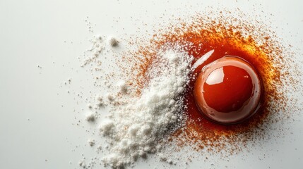 A vibrant blend of culinary ingredients showcasing an egg yolk with sugar and spice on a clean surface during a light-filled moment