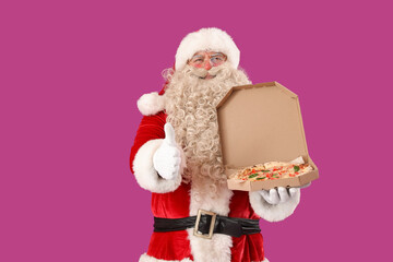 Santa Claus with box of tasty pizza showing thumb-up on purple background