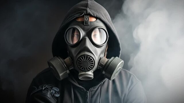A hooded person with a gas mask, shrouded in swirling smoke.