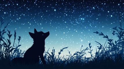 A lone fox silhouetted against a starry night sky, gazing up at the stars, surrounded by tall grass.