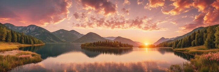 Fototapeta premium Sunset nature landscape of mountains and lakes during summer Golden and pink cloudy sky