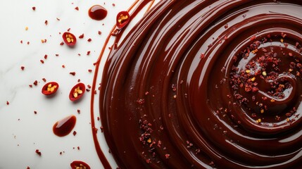 Fototapeta premium Swirls of rich chocolate sauce with a sprinkle of chili pepper on a marble background
