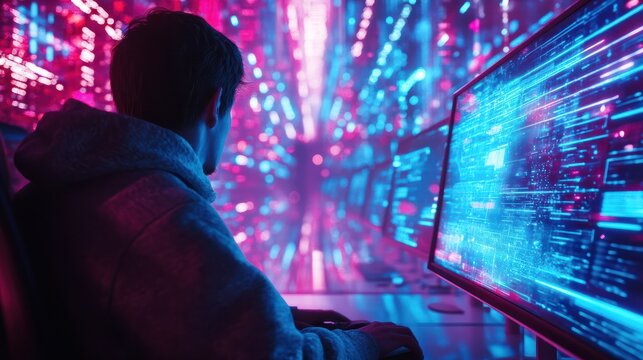 Human using modern computer surfing internet futuristic metaverse, innovative technology background. Digital technology, internet network connection, big data, digital marketing internet of things.