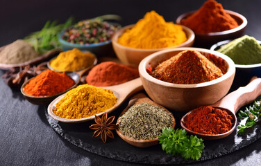 variety of spices in bowls and spoons