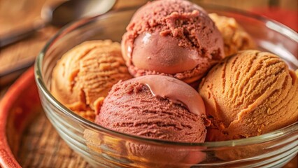 A close-up view of chocolate and caramel ice cream scoops in a clear glass bowl, showcasing the smooth, creamy texture and rich, indulgent flavors.