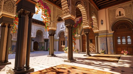 Obraz premium Sunlit Courtyard with Ornate Columns and Arched Doorways.