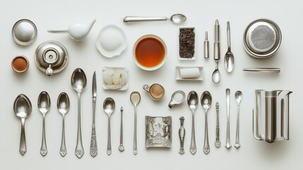 A curated collection of vintage silverware and tea accessories arranged neatly on a minimalist surface