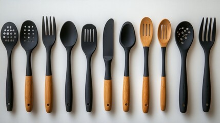 Artistic arrangement of modern kitchen utensils showcasing sleek designs and natural wood accents in neutral tones