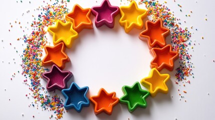 Colorful star-shaped molds surrounded by vibrant sprinkles on a white surface, creating a festive and playful atmosphere for baking fun