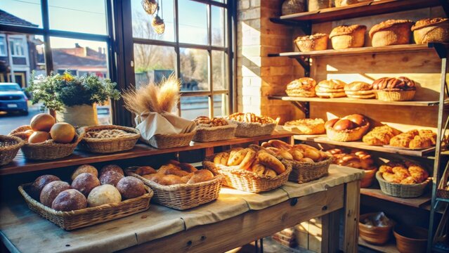 Warm sunlight bathes the shelves of a bakery, showcasing a diverse array of freshly baked breads and pastries, a visual feast for the senses.