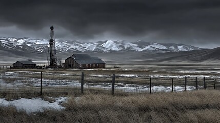 A desolate landscape featuring a weathered barn, windmill, and mountains under dramatic skies.