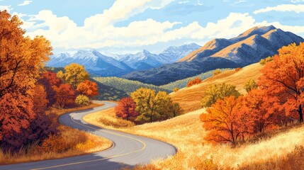 A winding road cutting through autumn colored trees, mountains in the background