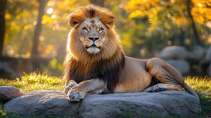 Majestic lion with a flowing mane rests on a rock in the sun.