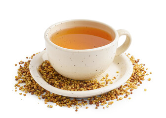 Cup of fresh buckwheat tea on white background