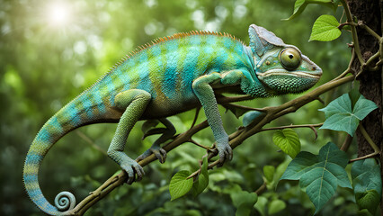 Chameleon climbing a leafy vine in the forest, Ai generated