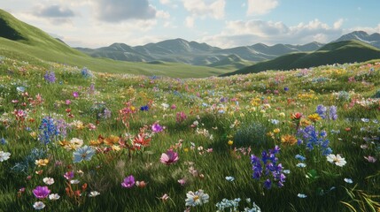 Obraz premium A meadow filled with wildflowers of various colors, rolling hills in the background