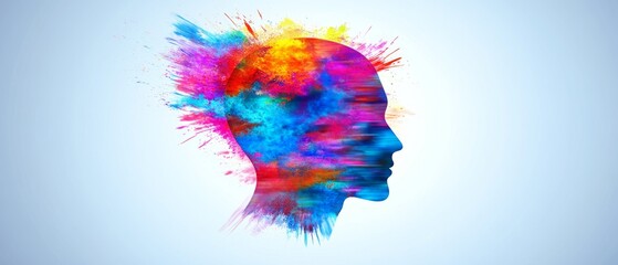 Reverse thinking abstract portrayal head silhouette surrounded by inverted shapes unconventional ideas creative concept minimal background vibrant colors