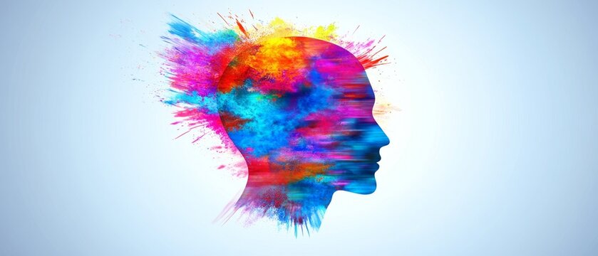 Reverse thinking abstract portrayal head silhouette surrounded by inverted shapes unconventional ideas creative concept minimal background vibrant colors