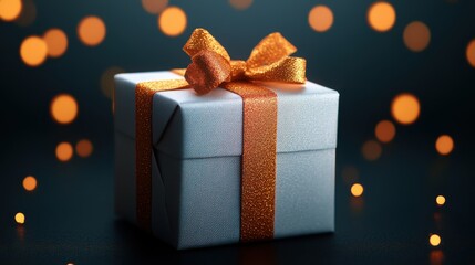 A beautifully wrapped gift box with an orange ribbon, set against a dark background sprinkled with golden bokeh lights.