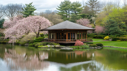 Obraz premium A traditional Japanese tea house sits on a small island in a serene pond surrounded by blooming cherry trees.