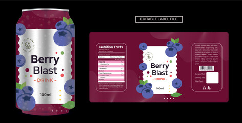 Berry Blast Juice Drink Label Design Template with Fresh Berry Illustration Vector Print Ready with mockup