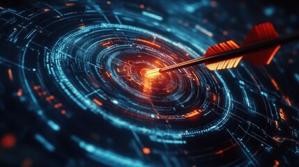 Fototapeta premium precise arrow hitting digital target using data and cyber technologies, symbolizing business success. ideal for digital marketing visuals, tech achievements, and data-driven targeting strategies