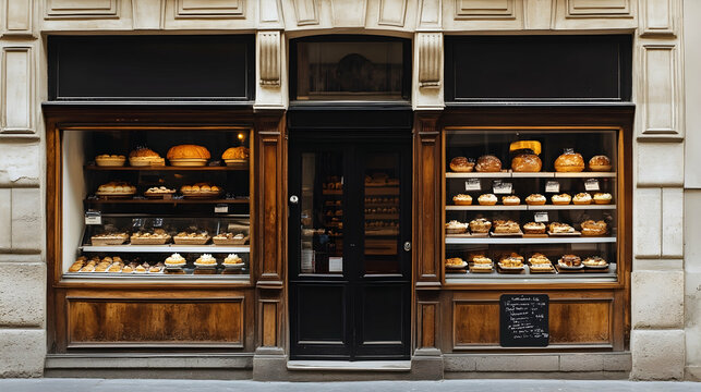A traditional Parisian bakery with a variety of breads and pastries displayed in the windows.