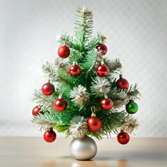 Fototapeta premium A tiny Christmas tree adorned with silver tinsel and colorful ornaments,