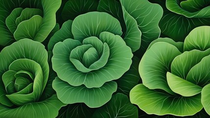 Fototapeta premium Close View of Cabbage Plants with Tightly Folded Leaves and Textured Lines