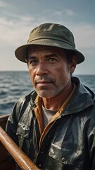 Obraz premium A seasoned fisherman navigates the tranquil waters at dawn, reflecting on a lifetime of stories under the early morning sky. Generative AI