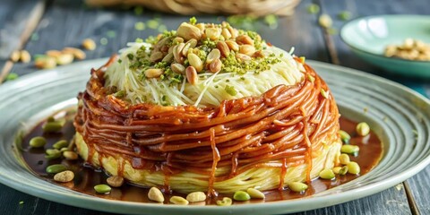 Aromatic nest of fried noodles with a sweet sauce, topped with toasted nuts and a sprinkle of pistachios