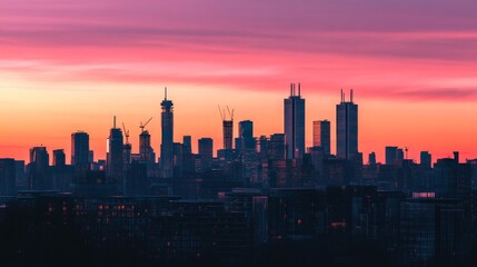 A modern city skyline at sunset, buildings silhouetted against a pink and orange sky