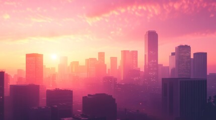 Fototapeta premium A modern city skyline at sunset, buildings silhouetted against a pink and orange sky
