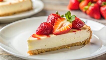 A slice of cheesecake with fresh strawberries and a sprig of mint on a white plate