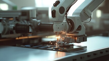 Fototapeta premium Close-up of a robotic arm with sparks flying as it works on a metal part.