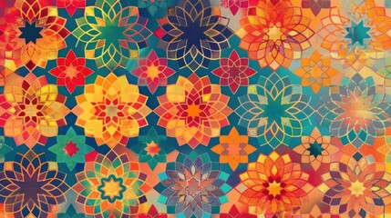 Vibrant abstract pattern with colorful geometric flowers.