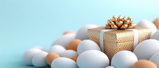 A beautifully wrapped gift sits atop a bed of colorful eggs against a soft blue background, conveying a festive and cheerful vibe.