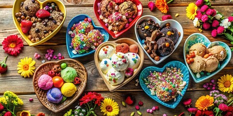 A collection of heart-shaped bowls filled with colorful treats, decorated with a whimsical array of flowers on a rustic wooden background.